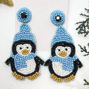 Handmade Beaded Earring, Penguin Blue and white